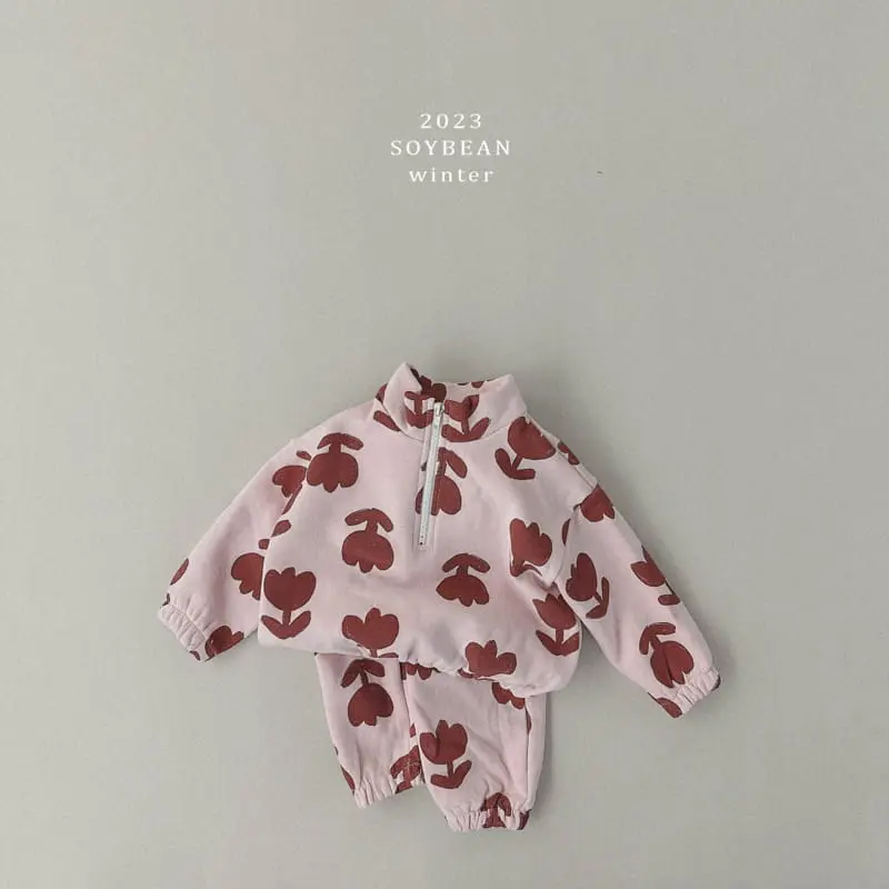 Soybean - Korean Children Fashion - #kidzfashiontrend - Fleece Flower Half Zip-up Top Bottom Set - 3