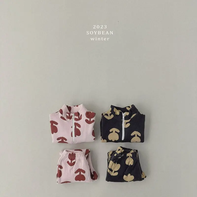 Soybean - Korean Children Fashion - #littlefashionista - Fleece Flower Half Zip-up Top Bottom Set - 5