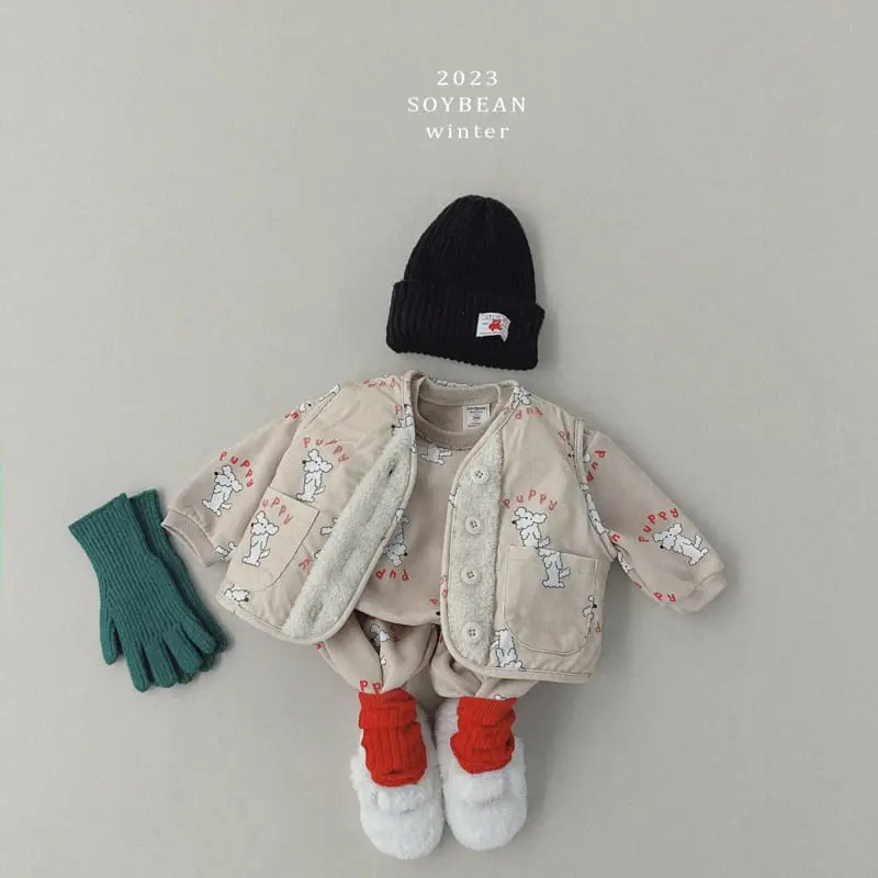 Soybean - Korean Children Fashion - #littlefashionista - Fleece Puppy Top Bottom SET - 2