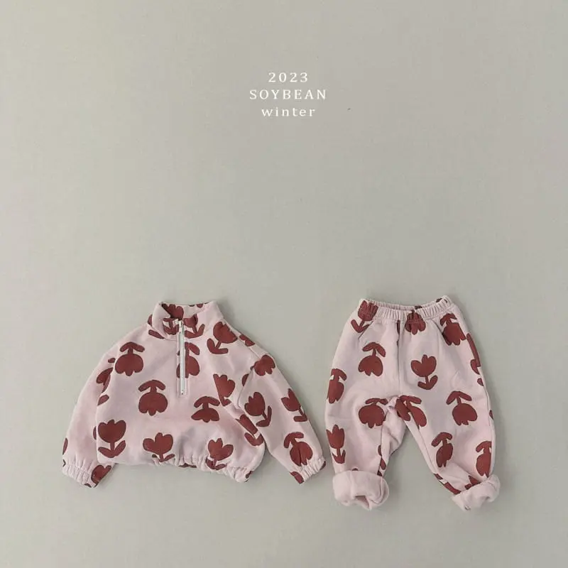 Soybean - Korean Children Fashion - #magicofchildhood - Fleece Flower Half Zip-up Top Bottom Set - 6