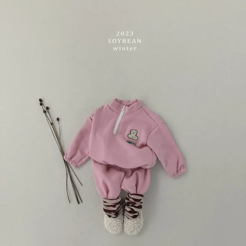 Soybean - Korean Children Fashion - #minifashionista - Fleece Teddy Half Zip-up Top Bottom Set - 2
