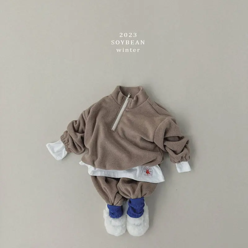 Soybean - Korean Children Fashion - #minifashionista - Fleece Half Zip-up Top Bottom Set - 3