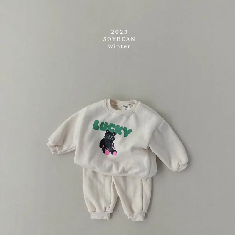 Soybean - Korean Children Fashion - #todddlerfashion - Fleece Lucky Bear Top Bottom Set - 4
