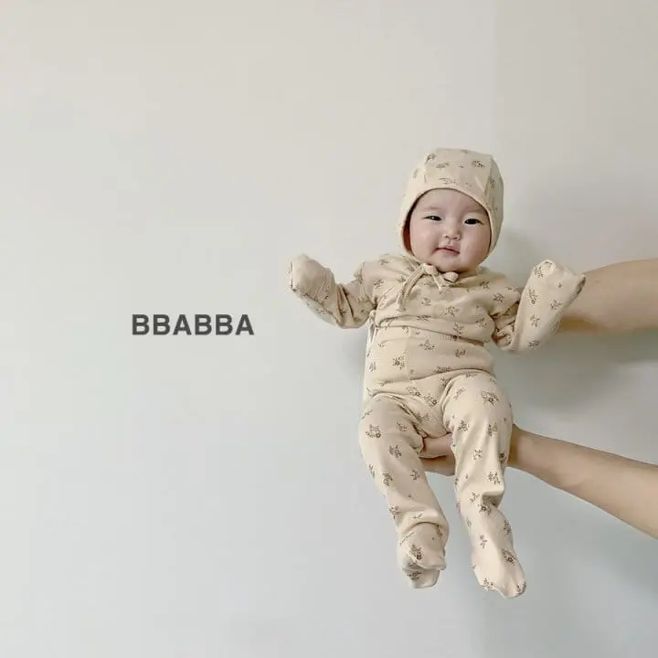 Bbabba - Korean Baby Fashion - #babyoninstagram - Brown Flower Benet Bodysuit Leggings Bonnet Sety - 5