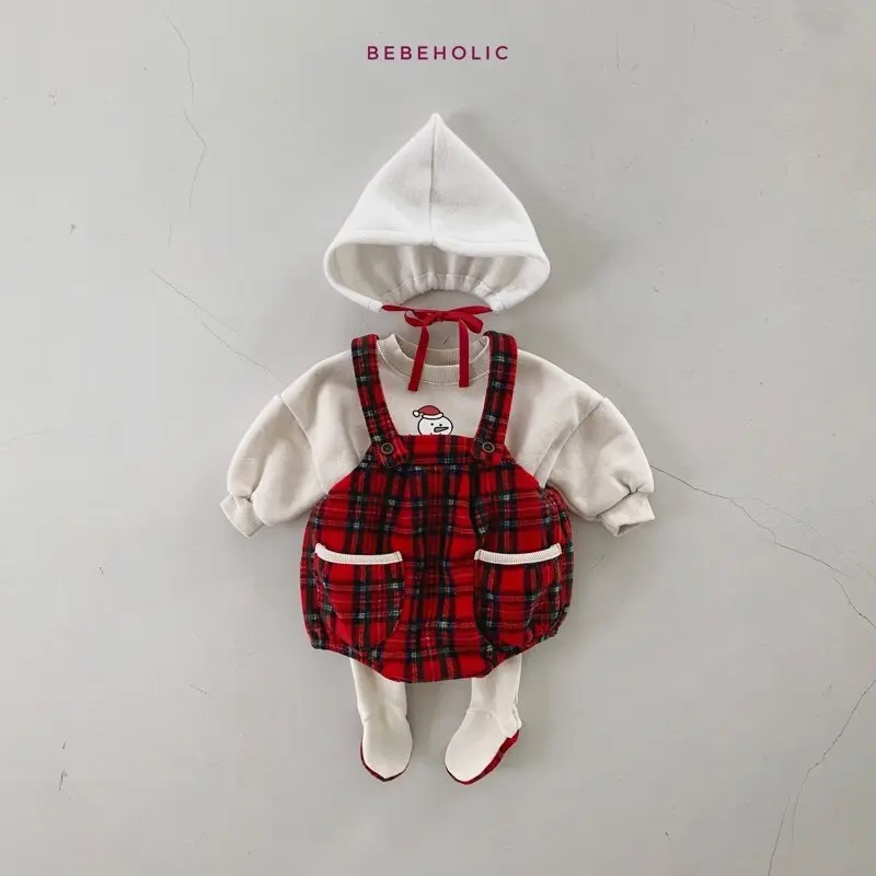 Bebe Holic - Korean Baby Fashion - #babyfever - Check Dungarees Bonnet Set - 3