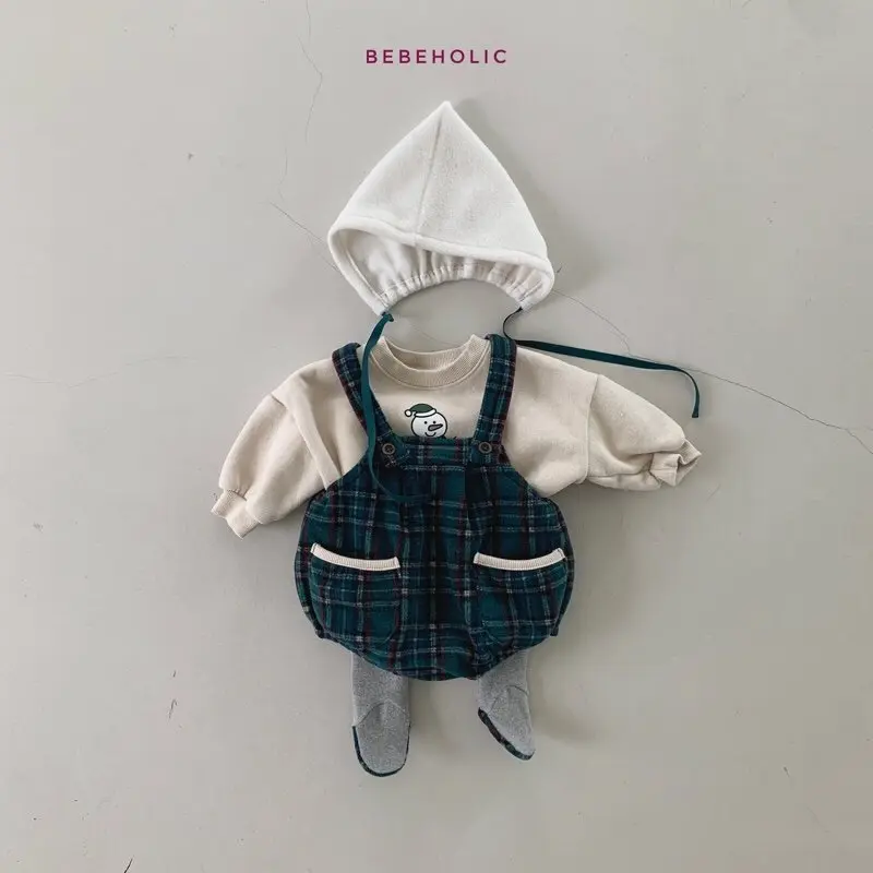 Bebe Holic - Korean Baby Fashion - #babylifestyle - Check Dungarees Bonnet Set - 5