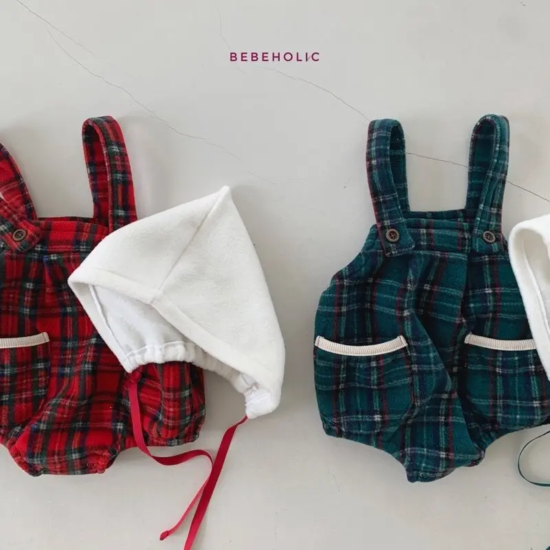 Bebe Holic - Korean Baby Fashion - #babyoutfit - Check Dungarees Bonnet Set - 8