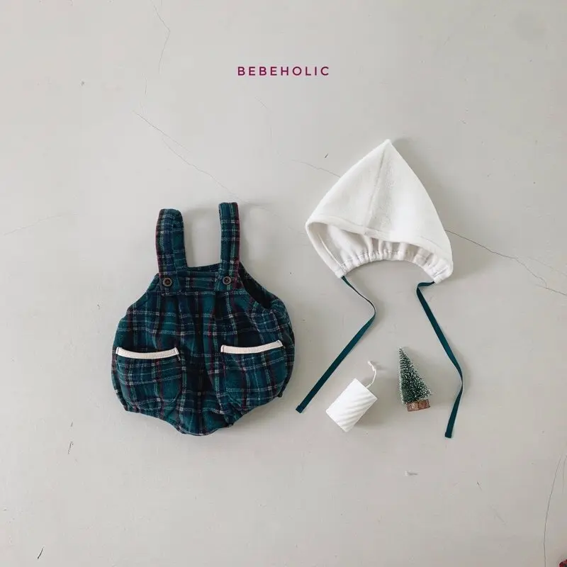 Bebe Holic - Korean Baby Fashion - #onlinebabyshop - Check Dungarees Bonnet Set - 12