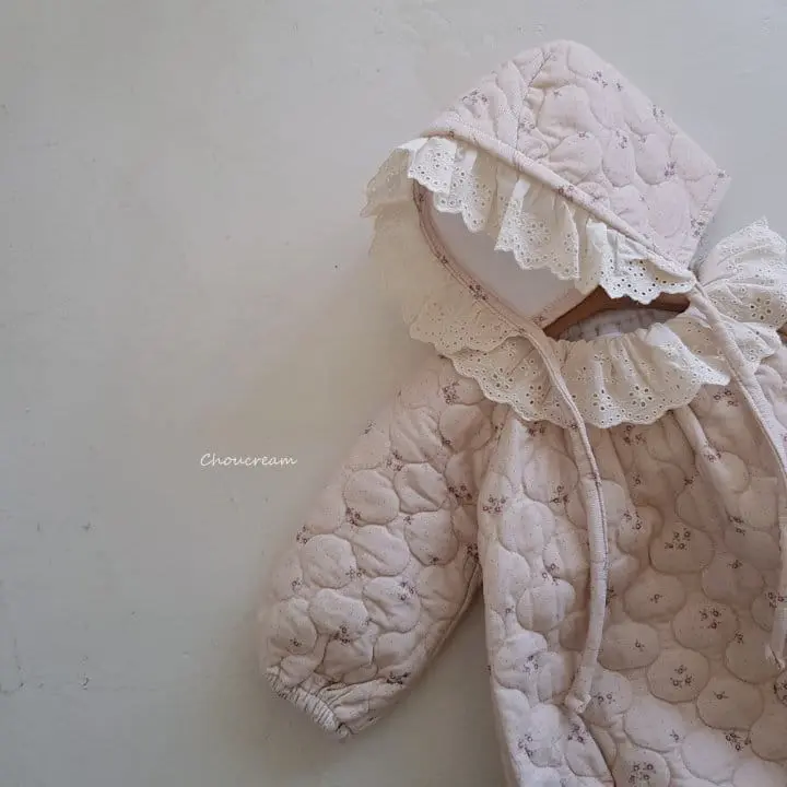 Choucream - Korean Baby Fashion - #babyclothing - Quilting Bonnet Bodysuit Set Pink - 4