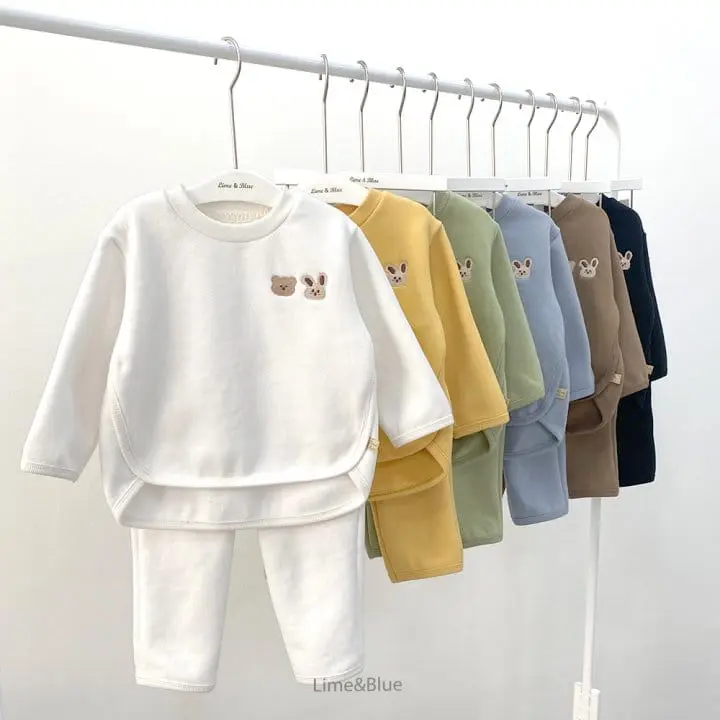 Lime & Blue - Korean Children Fashion - #childofig - Lime Friends Top Bottom Set - 2