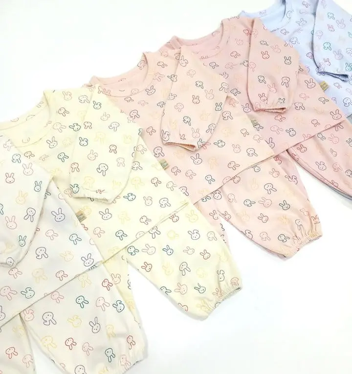 Lime & Blue - Korean Children Fashion - #childrensboutique - Line Rabbit Top Bottom Set - 3