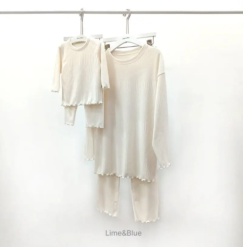 Lime & Blue - Korean Women Fashion - #womensfashion - Rib More Top Bottom Set Mom - 2