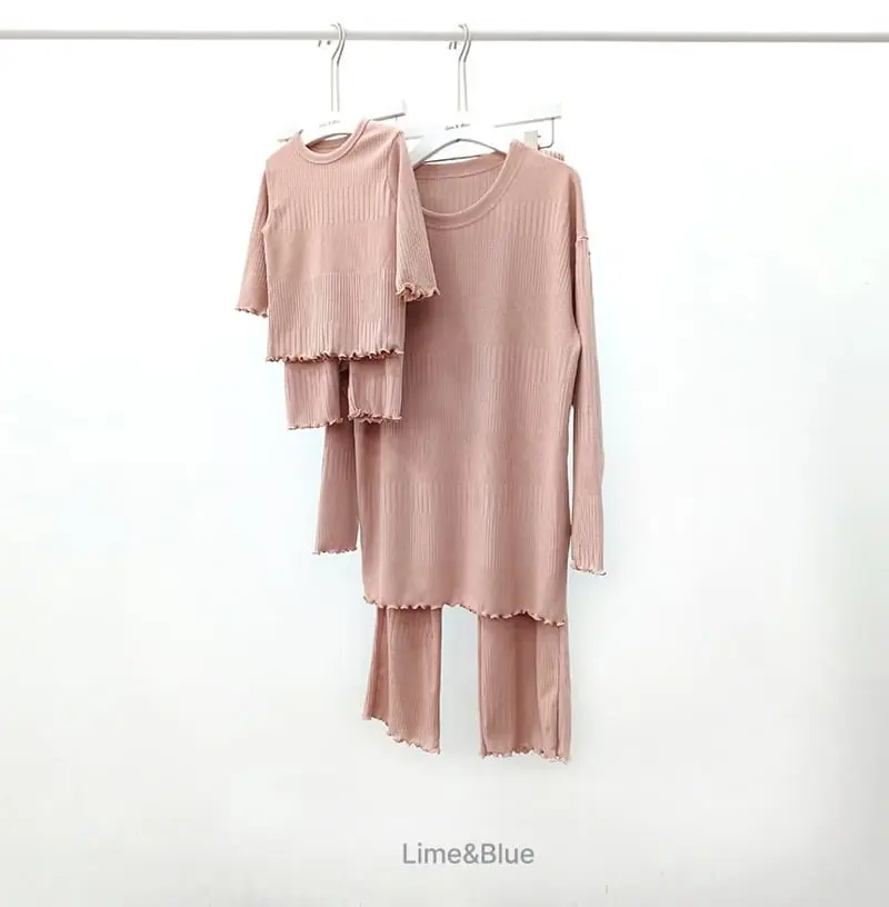 Lime & Blue - Korean Women Fashion - #womensfashion - Rib More Top Bottom Set Mom - 6