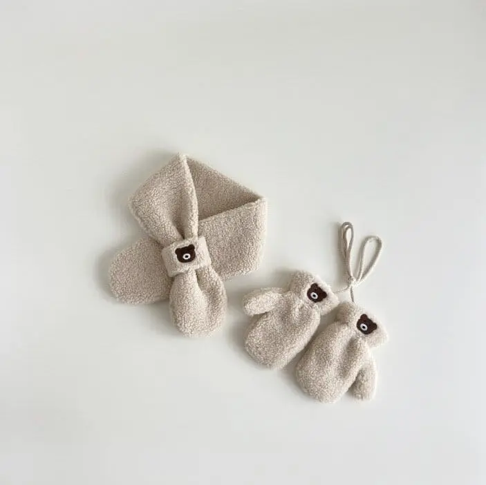 Miso - Korean Children Fashion - #designkidswear - Embroidery Bear Muffler Gloves Set - 2