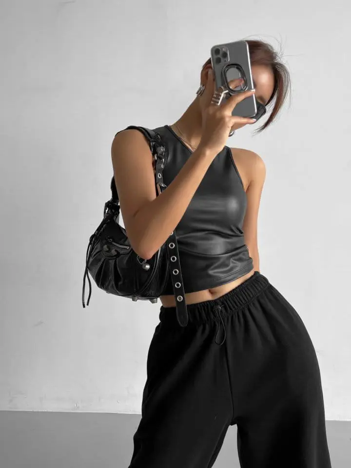 Paper Moon - Korean Women Fashion - #womensfashion - vegan leather cropped tank sleeveless top - 4
