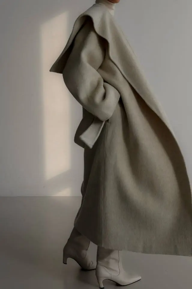 Paper Moon - Korean Women Fashion - #momslook - long hair wool oversized sailor collar belted handmade coat - 2