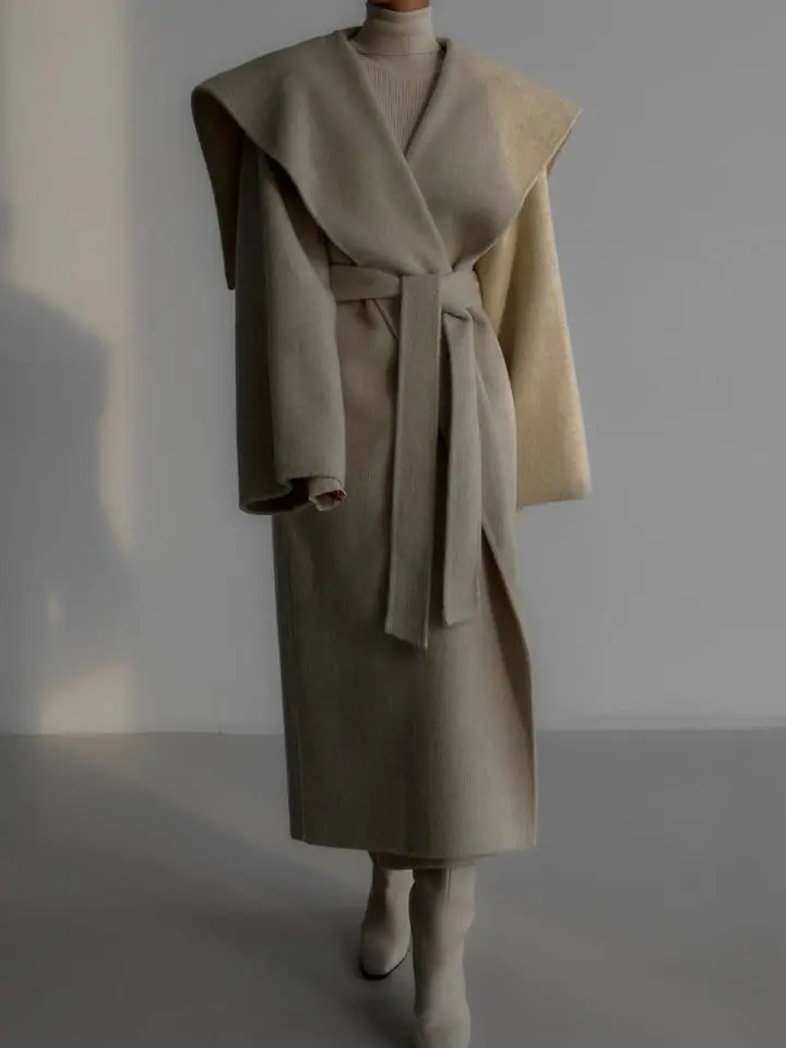 Paper Moon - Korean Women Fashion - #momslook - long hair wool oversized sailor collar belted handmade coat - 6