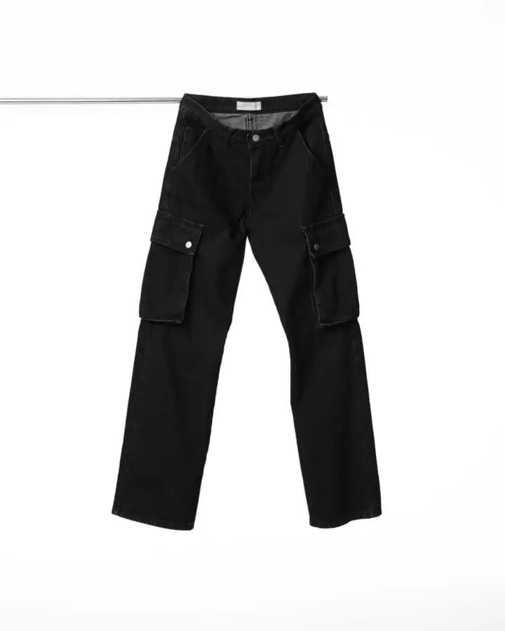 Paper Moon - Korean Women Fashion - #momslook - washed black denim low - rise pocket cargo jeans