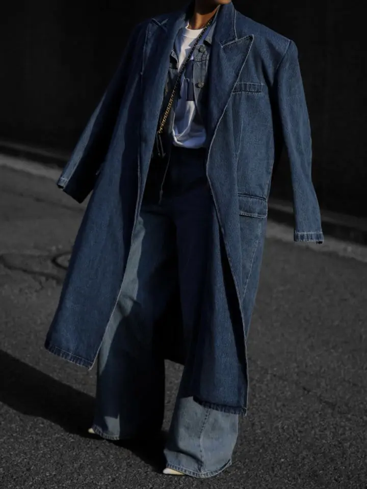 Paper Moon - Korean Women Fashion - #momslook - LUX peaked lapel detail oversized washed denim coat - 3
