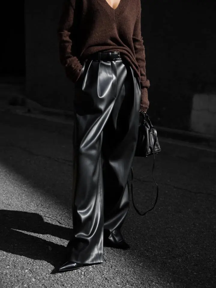 Paper Moon - Korean Women Fashion - #momslook - leather low waisted double pleats wide trousers - 3