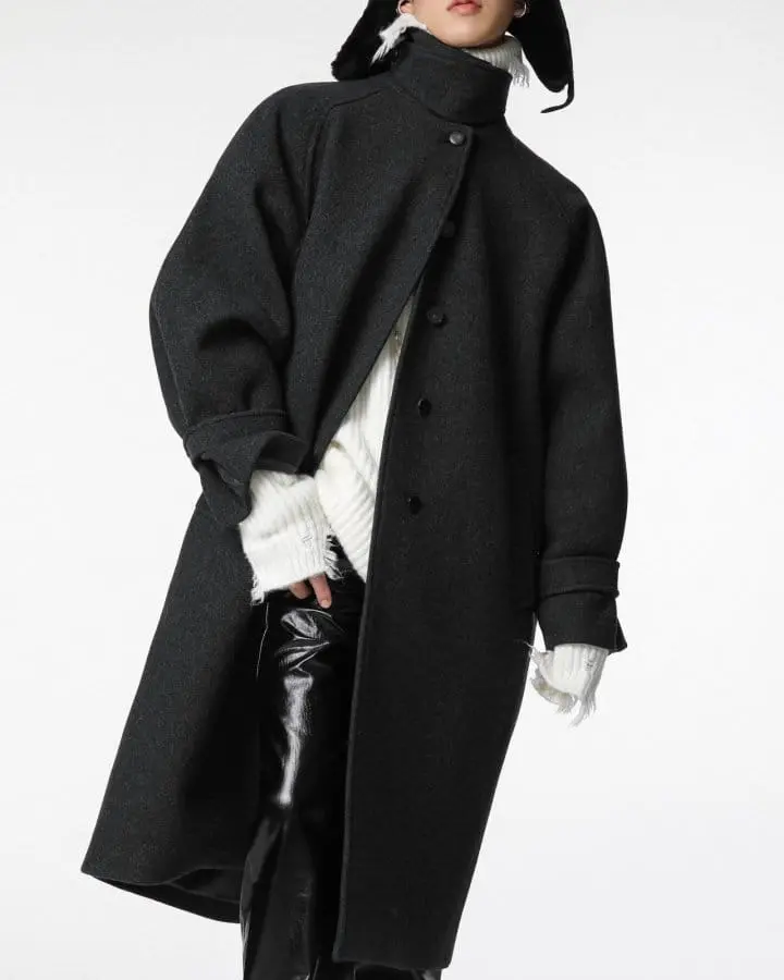 Paper Moon - Korean Women Fashion - #momslook - wool oversized high neck collar balmacaan coat - 3