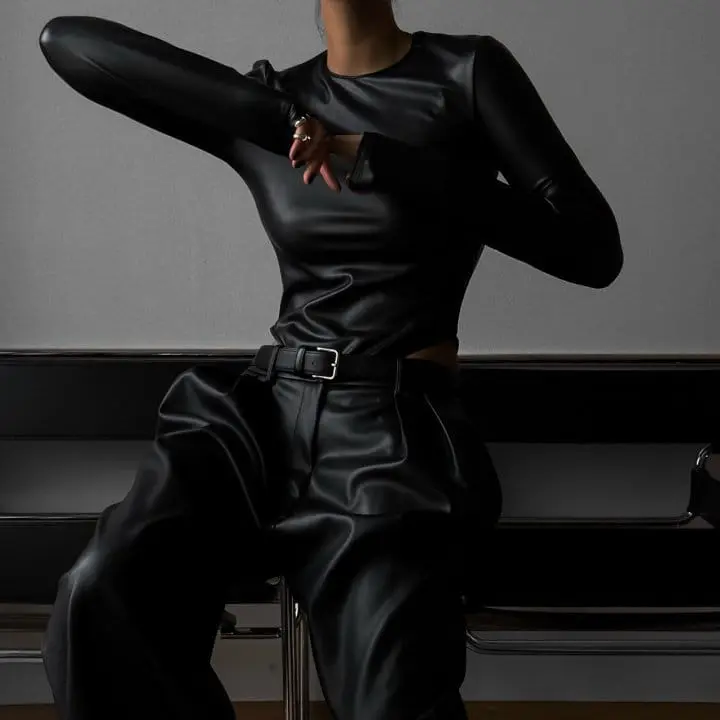 Paper Moon - Korean Women Fashion - #womensfashion - leather low waisted double pleats wide trousers - 4