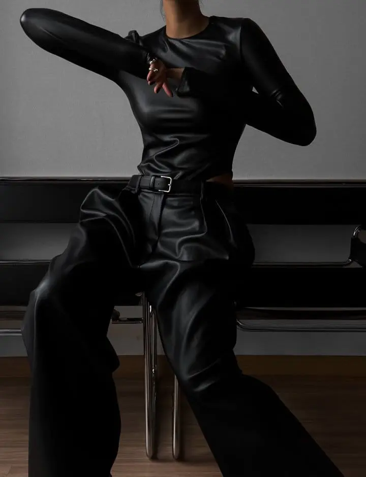 Paper Moon - Korean Women Fashion - #momslook - leather low waisted double pleats wide trousers - 6