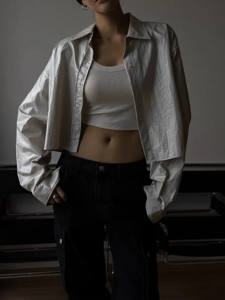 Paper Moon - Korean Women Fashion - #momslook - metallic foil cropped button down shirt - 2