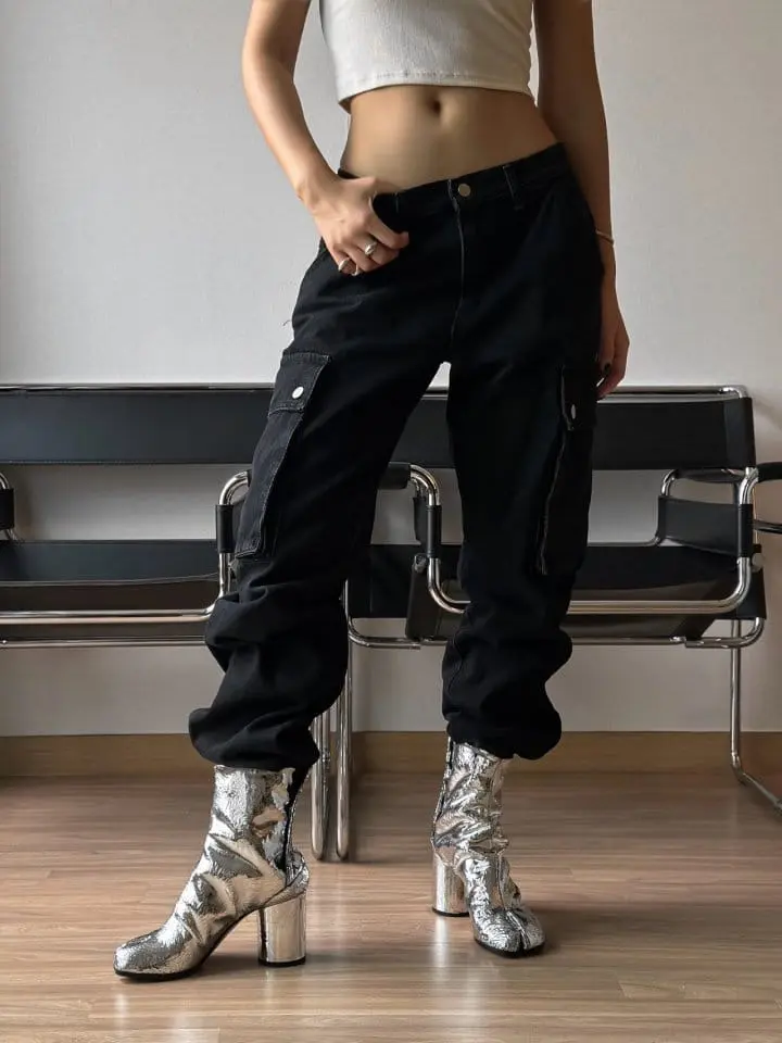 Paper Moon - Korean Women Fashion - #momslook - washed black denim low ~ rise pocket cargo jeans