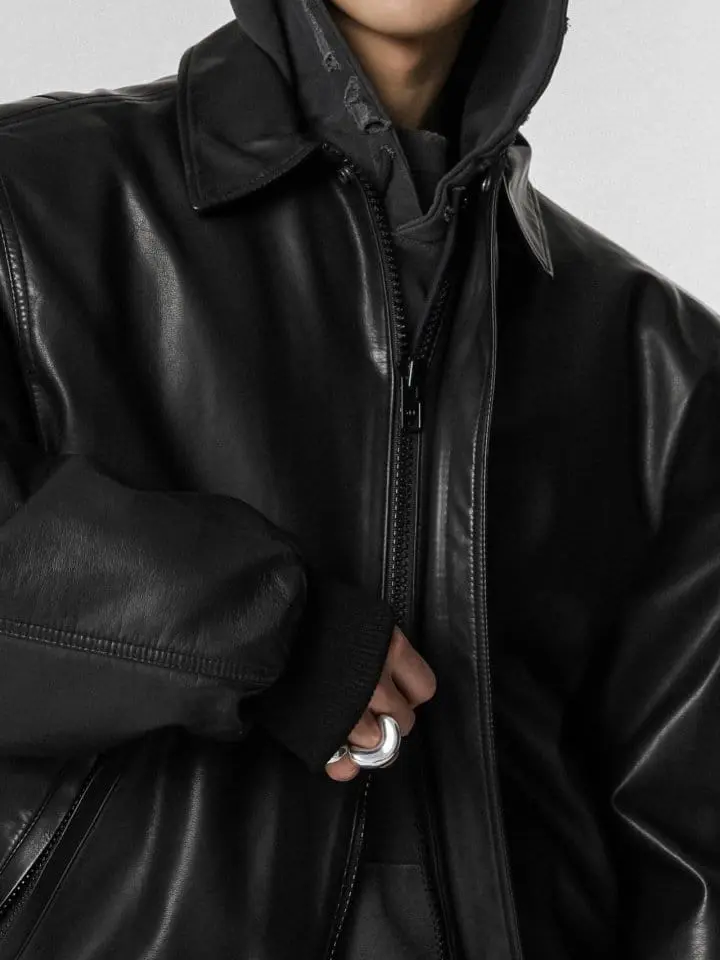 Paper Moon - Korean Women Fashion - #momslook - washed vegan leather shoulder padded bomber jacket - 2