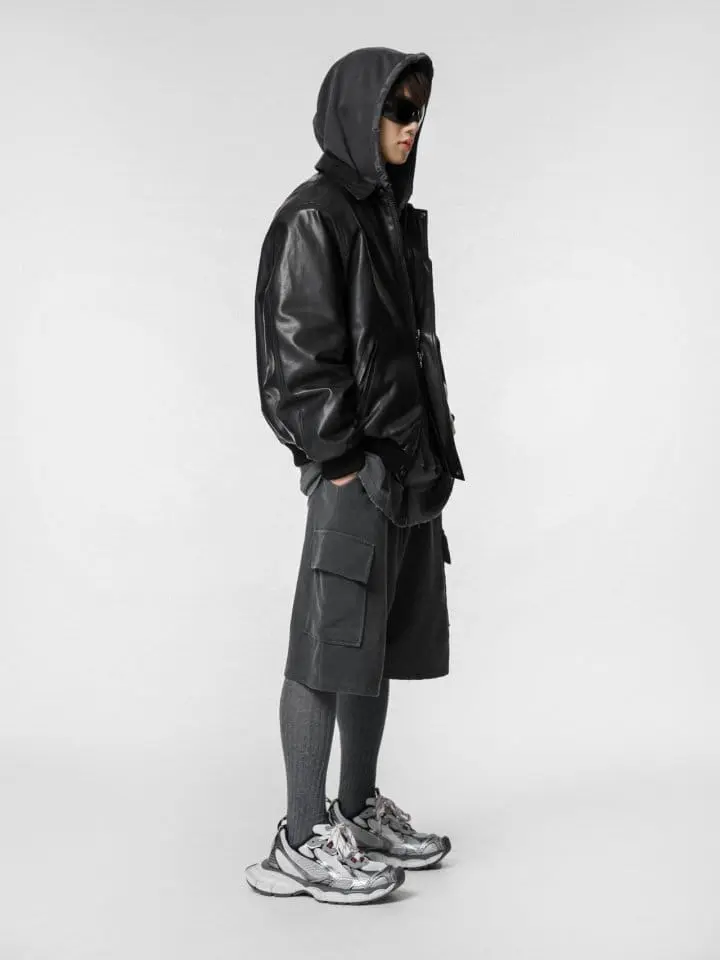 Paper Moon - Korean Women Fashion - #womensfashion - washed vegan leather shoulder padded bomber jacket - 4