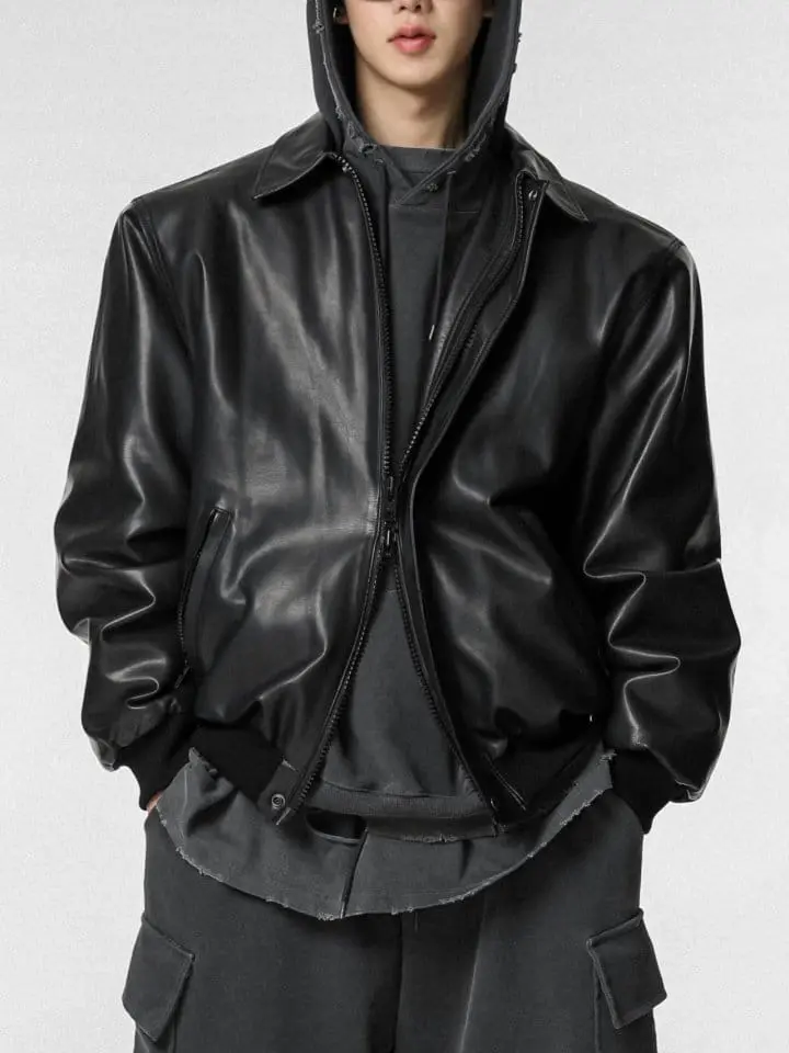 Paper Moon - Korean Women Fashion - #momslook - washed vegan leather shoulder padded bomber jacket - 6