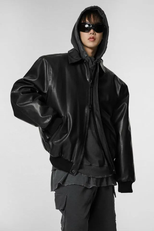 Paper Moon - Korean Women Fashion - #momslook - washed vegan leather shoulder padded bomber jacket - 8