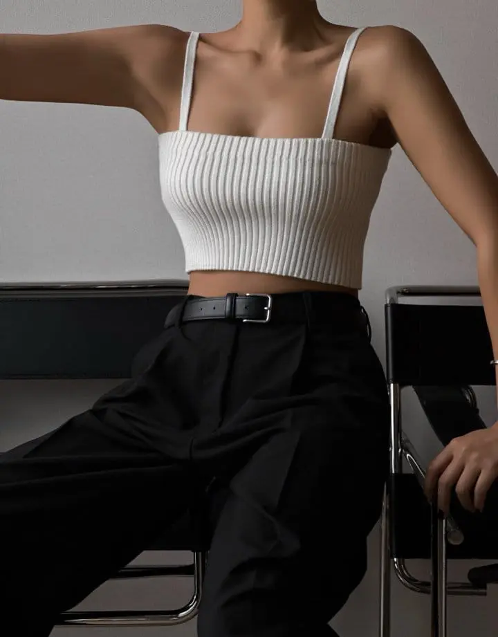 Paper Moon - Korean Women Fashion - #momslook - cropped ribbed strap shoulder knit top - 2