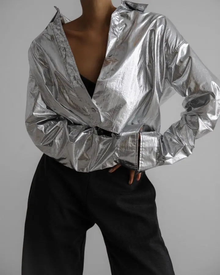 Paper Moon - Korean Women Fashion - #momslook - Metallic Foil Cropped Button Down Shirt - 2