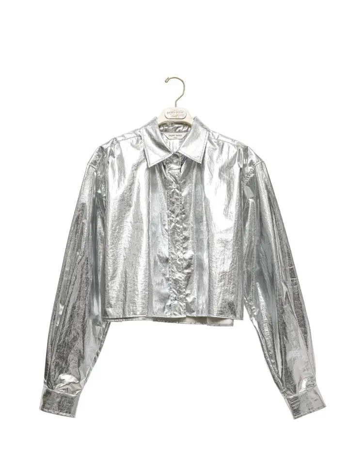 Paper Moon - Korean Women Fashion - #womensfashion - Metallic Foil Cropped Button Down Shirt - 4
