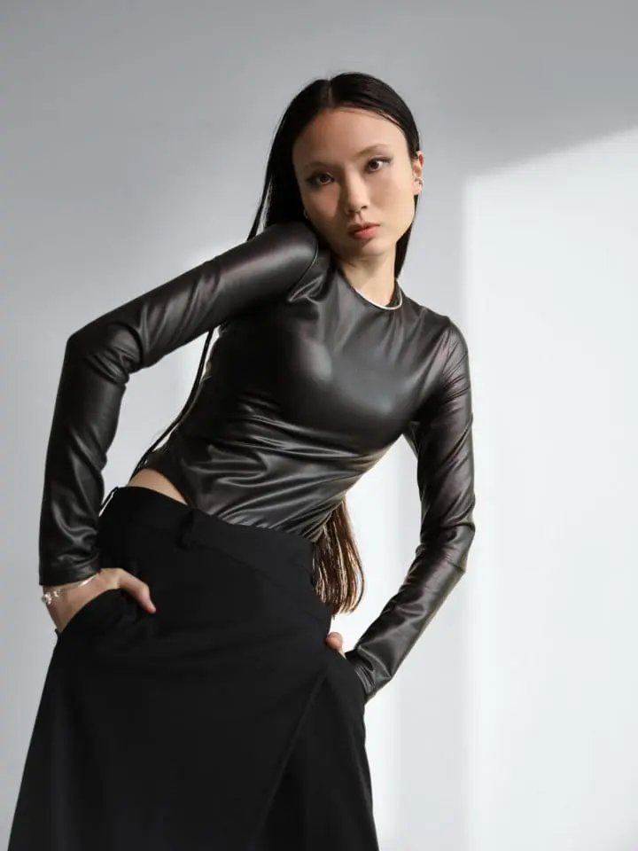 Paper Moon - Korean Women Fashion - #restrostyle - vegan leather long sleeved bodysuit - 3