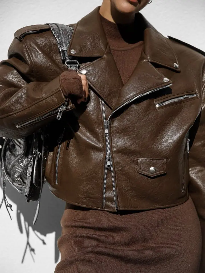 Paper Moon - Korean Women Fashion - #shopsmall - oversized vegan leather cropped chunky biker jacket - 2