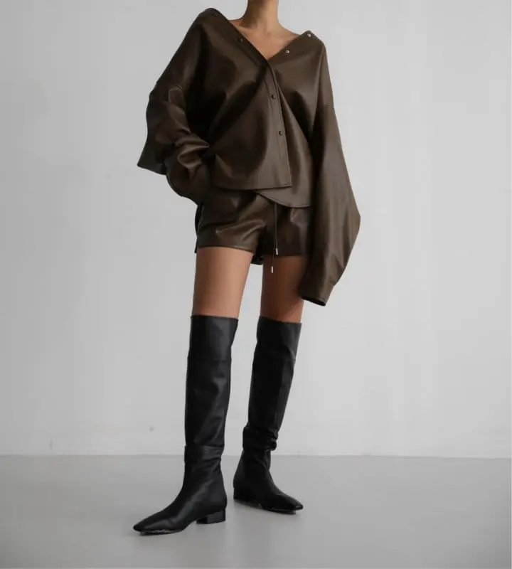 Paper Moon - Korean Women Fashion - #vintageinspired - classic oversized vegan leather button down shirt