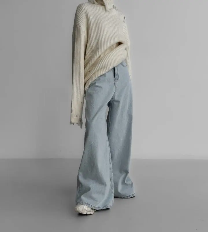 Paper Moon - Korean Women Fashion - #womensfashion - iced blue wide leg flared denim jeans