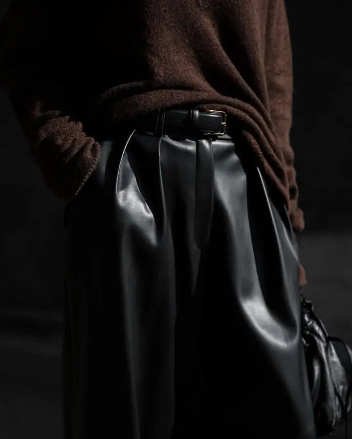 Paper Moon - Korean Women Fashion - #womensfashion - leather low waisted double pleats wide trousers - 2