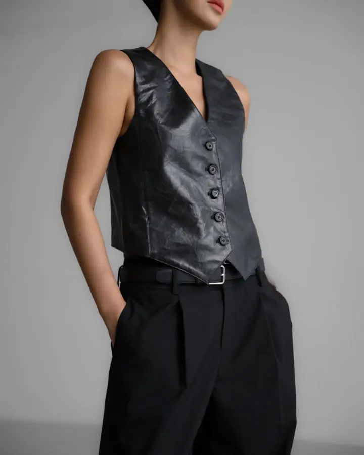 Paper Moon - Korean Women Fashion - #momslook - vegan washed leather button down vest - 4