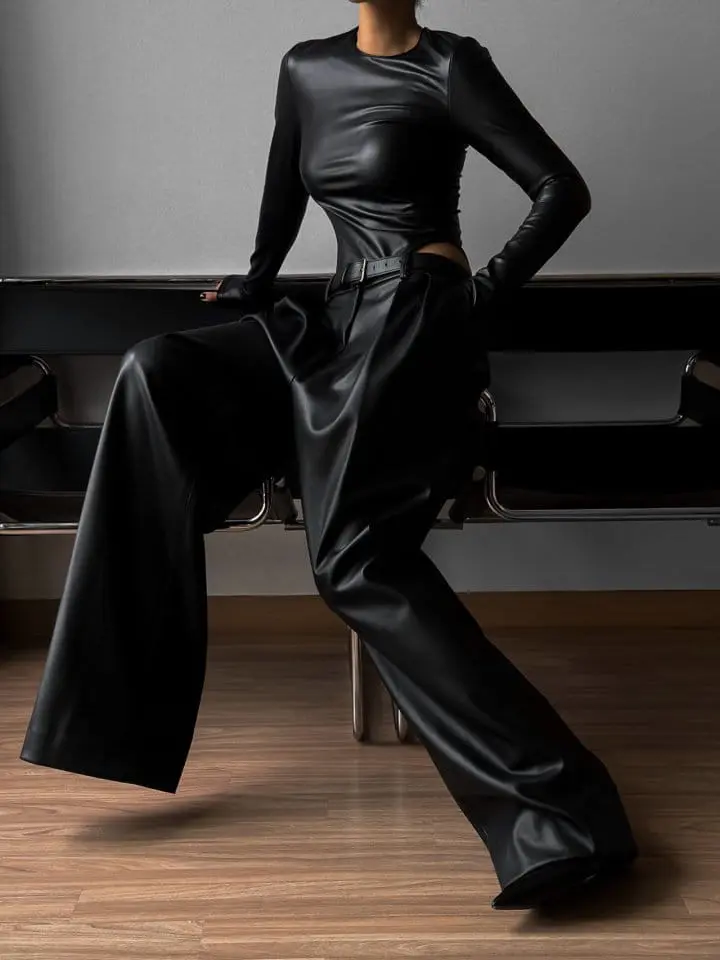 Paper Moon - Korean Women Fashion - #womensfashion - leather low waisted double pleats wide trousers