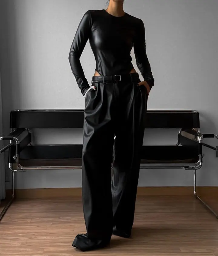 Paper Moon - Korean Women Fashion - #womensfashion - leather low waisted double pleats wide trousers - 3