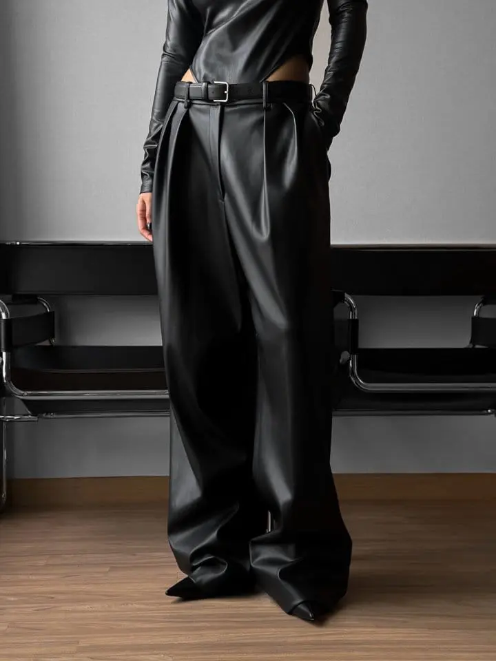 Paper Moon - Korean Women Fashion - #womensfashion - leather low waisted double pleats wide trousers - 5