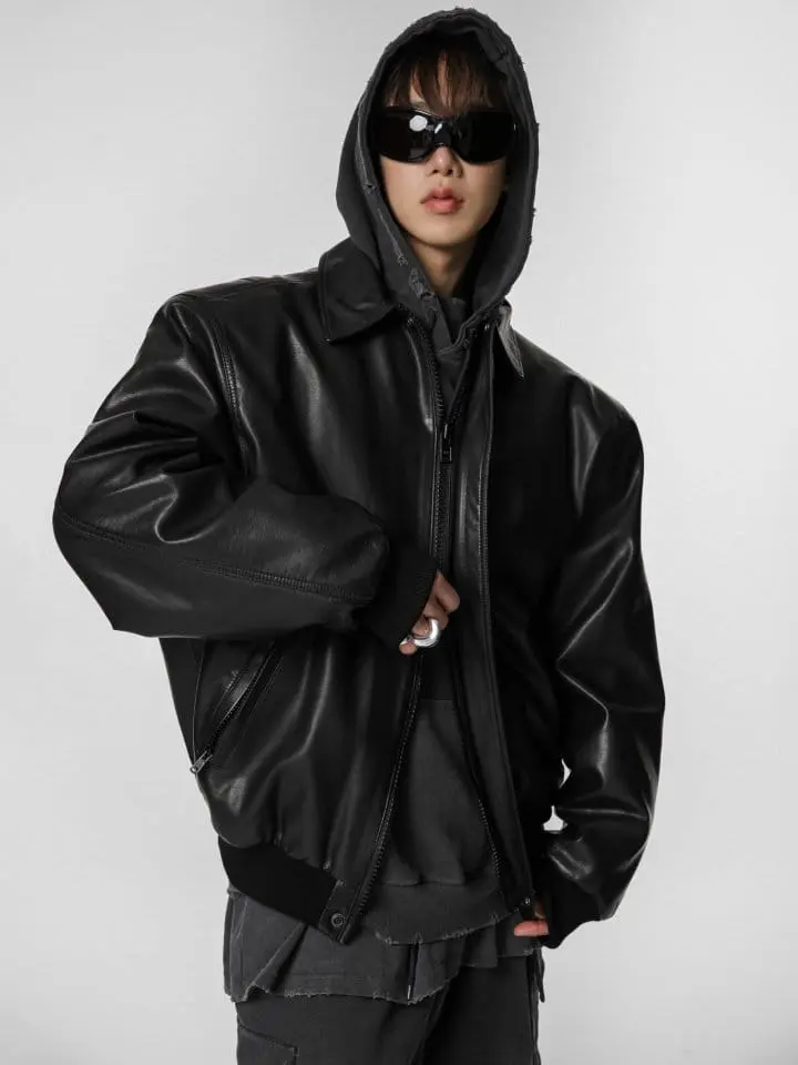 Paper Moon - Korean Women Fashion - #womensfashion - washed vegan leather shoulder padded bomber jacket