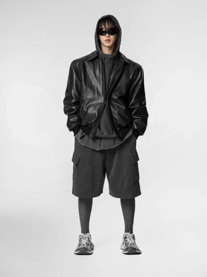 Paper Moon - Korean Women Fashion - #womensfashion - washed vegan leather shoulder padded bomber jacket - 3