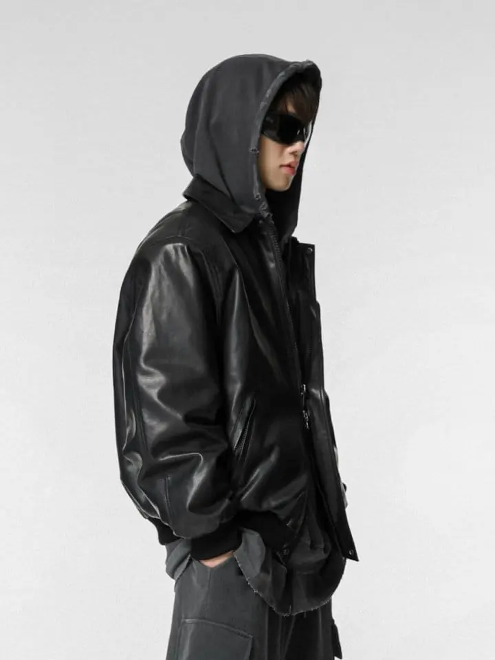 Paper Moon - Korean Women Fashion - #womensfashion - washed vegan leather shoulder padded bomber jacket - 7