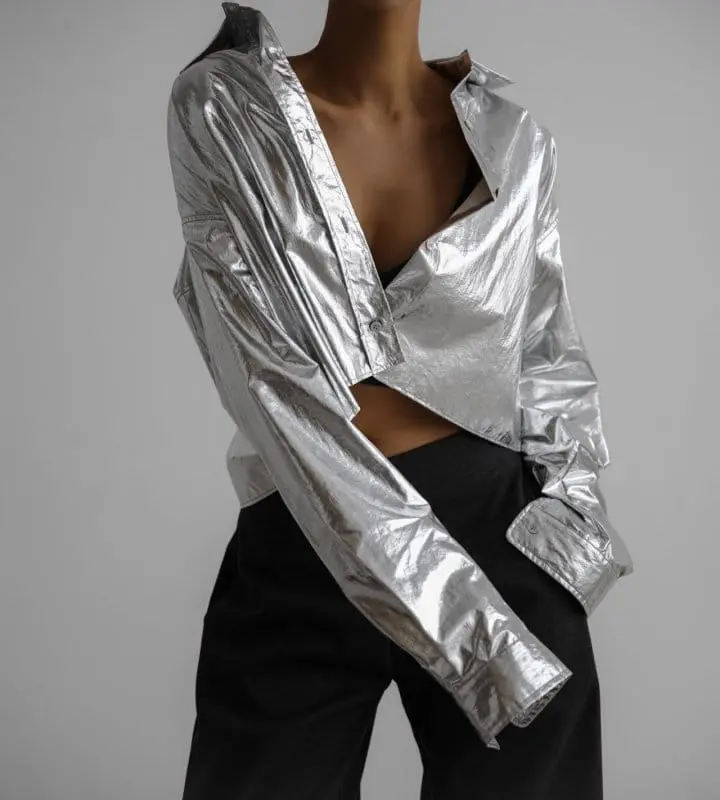 Paper Moon - Korean Women Fashion - #womensfashion - Metallic Foil Cropped Button Down Shirt