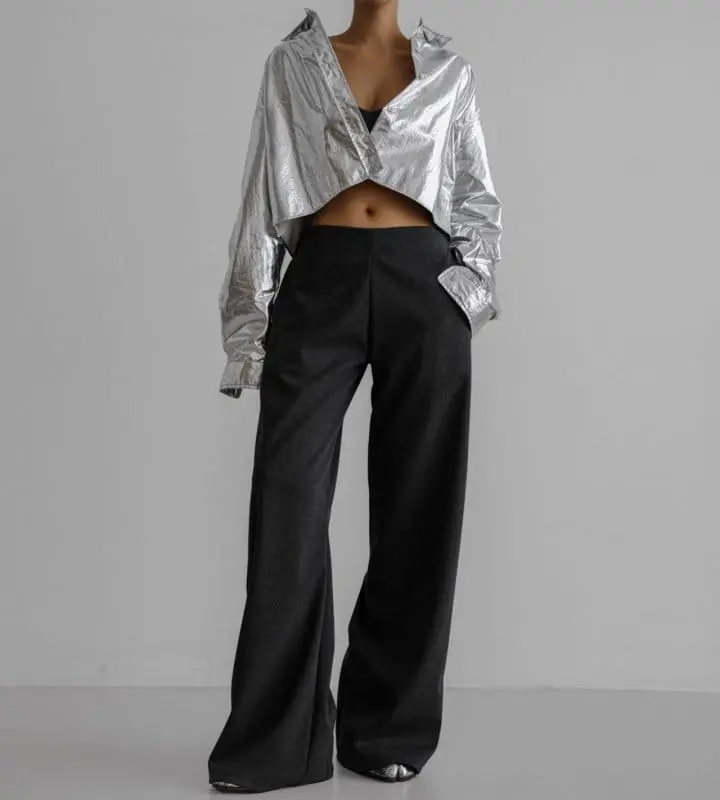 Paper Moon - Korean Women Fashion - #womensfashion - Metallic Foil Cropped Button Down Shirt - 3